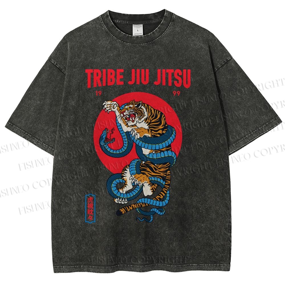 Unisex Japanese Tiger And Snake Printed Washed Tee