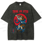 Unisex Japanese Tiger And Snake Printed Washed Tee