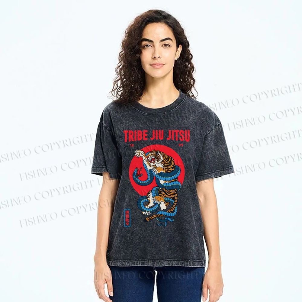 Unisex Japanese Tiger And Snake Printed Washed Tee