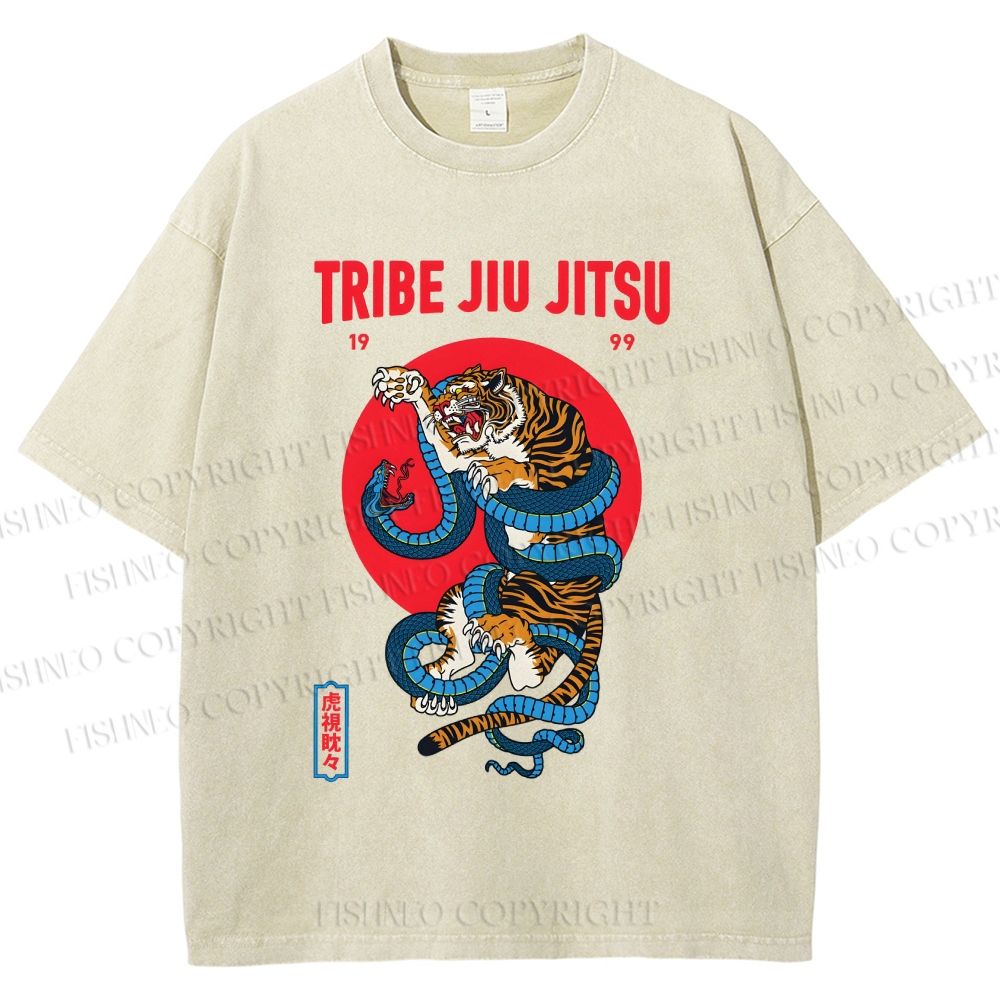 Unisex Japanese Tiger And Snake Printed Washed Tee
