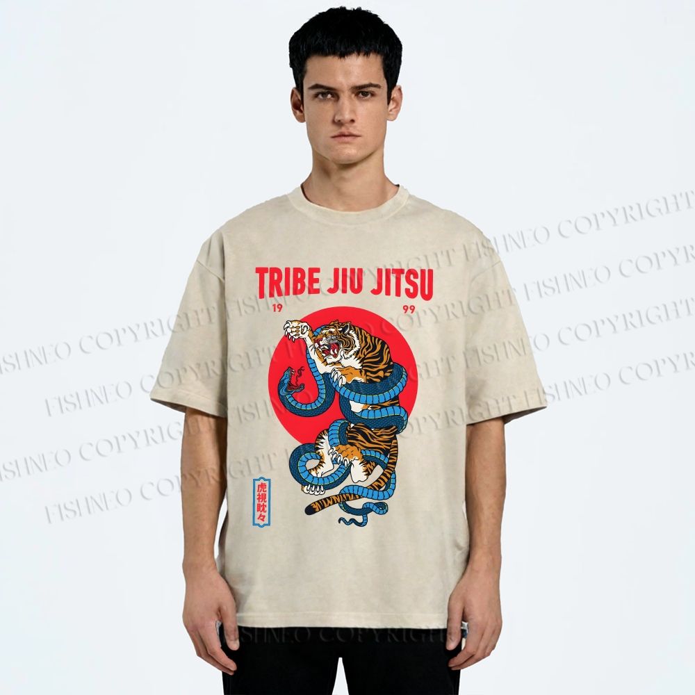 Unisex Japanese Tiger And Snake Printed Washed Tee
