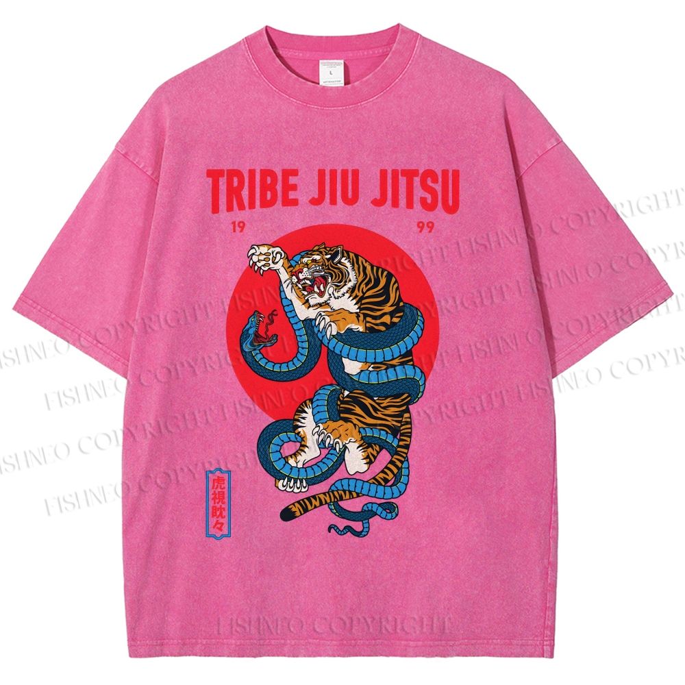 Unisex Japanese Tiger And Snake Printed Washed Tee