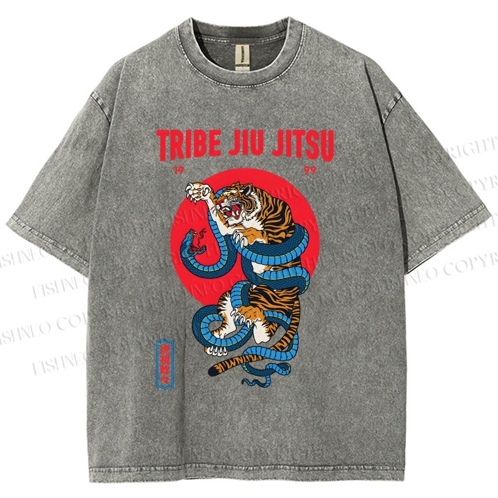 Unisex Japanese Tiger And Snake Printed Washed Tee
