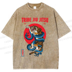 Unisex Japanese Tiger And Snake Printed Washed Tee