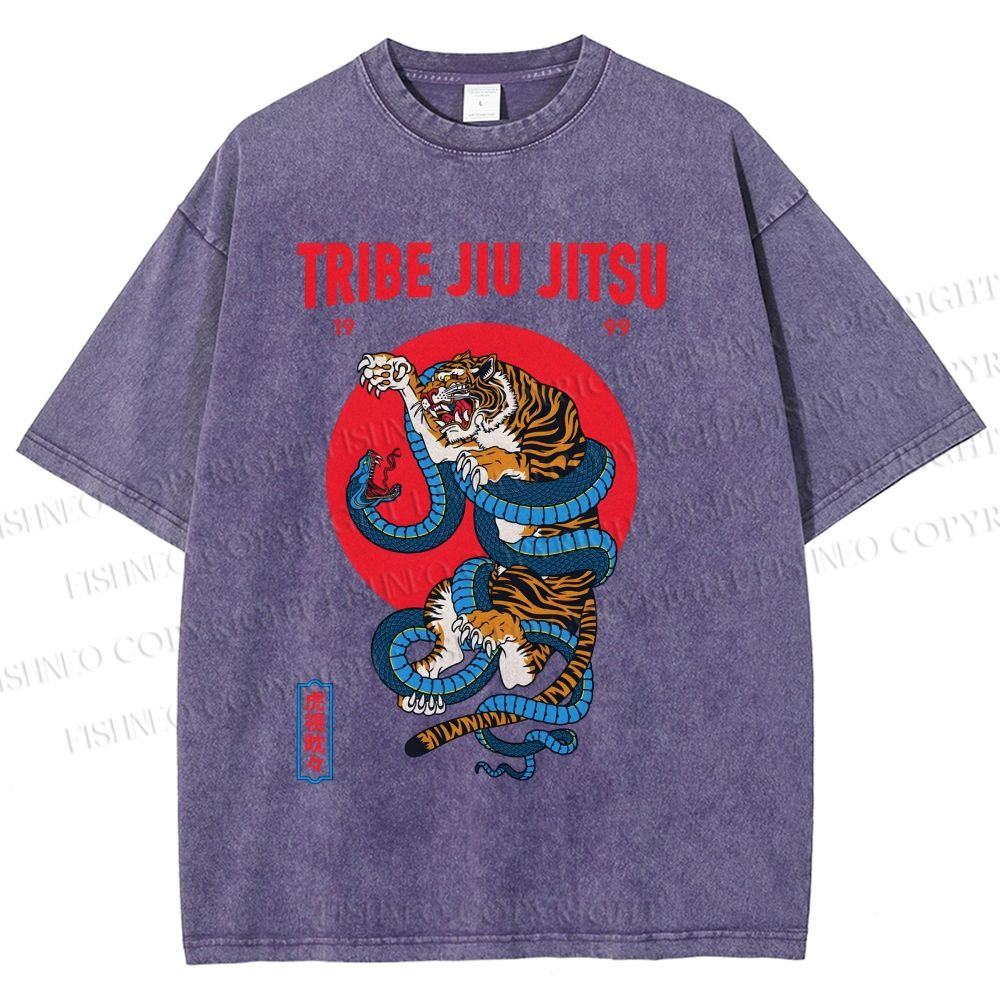 Unisex Japanese Tiger And Snake Printed Washed Tee