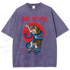 Unisex Japanese Tiger And Snake Printed Washed Tee