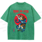Unisex Japanese Tiger And Snake Printed Washed Tee