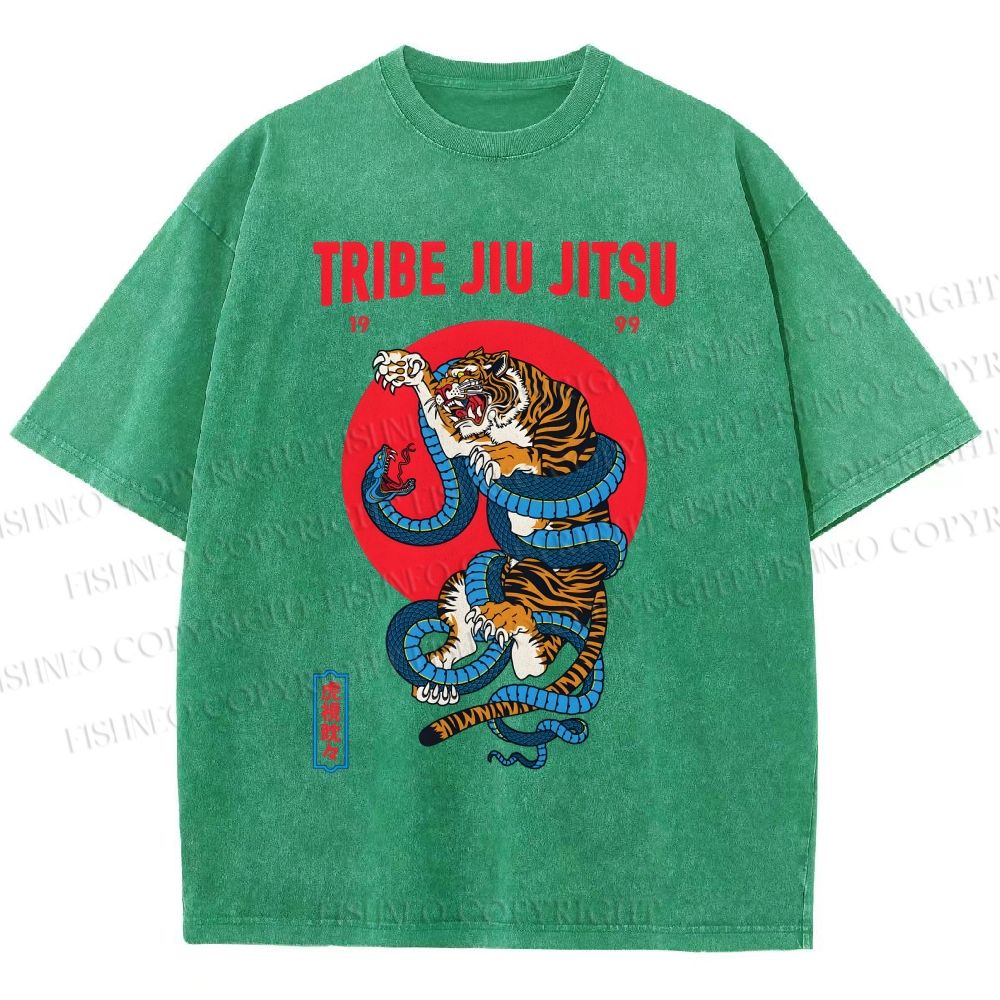 Unisex Japanese Tiger And Snake Printed Washed Tee