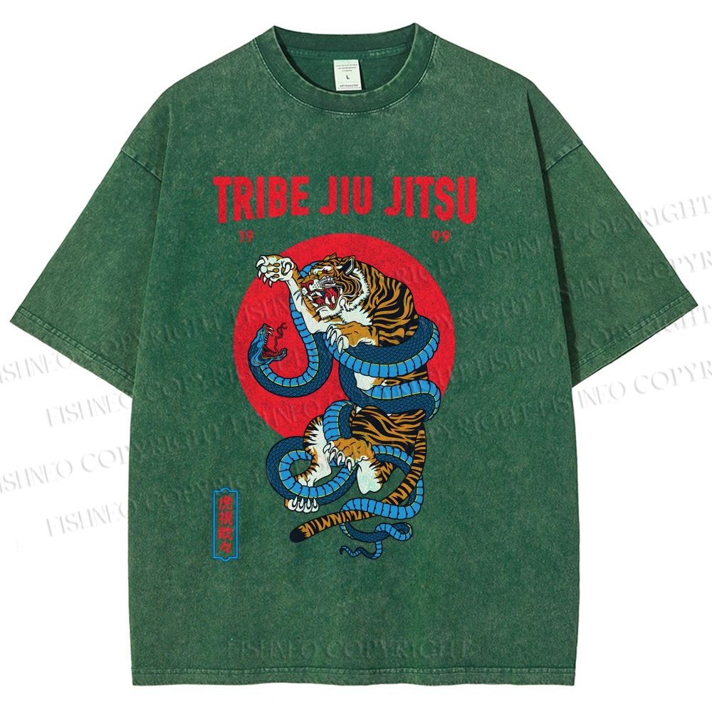 Unisex Japanese Tiger And Snake Printed Washed Tee