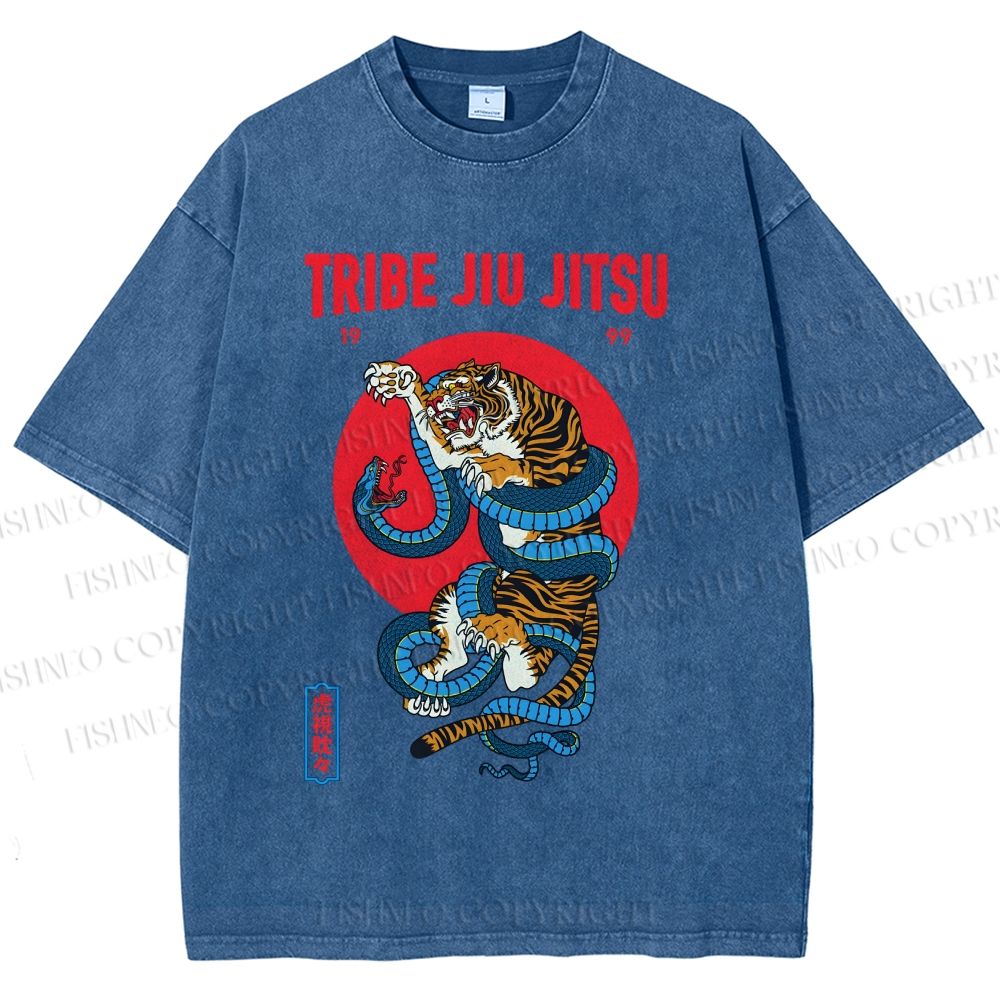 Unisex Japanese Tiger And Snake Printed Washed Tee