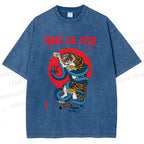 Unisex Japanese Tiger And Snake Printed Washed Tee