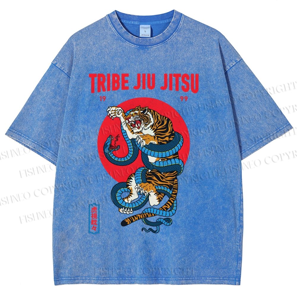 Unisex Japanese Tiger And Snake Printed Washed Tee