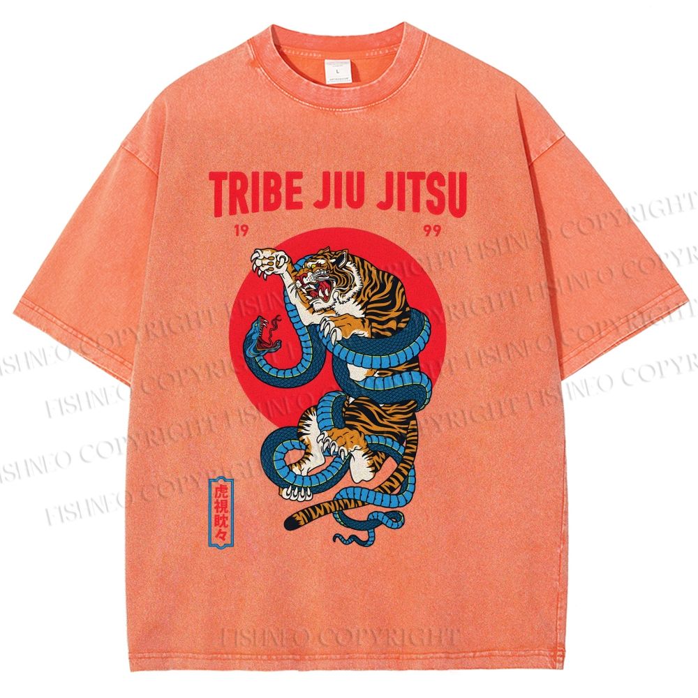 Unisex Japanese Tiger And Snake Printed Washed Tee