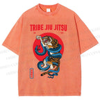 Unisex Japanese Tiger And Snake Printed Washed Tee