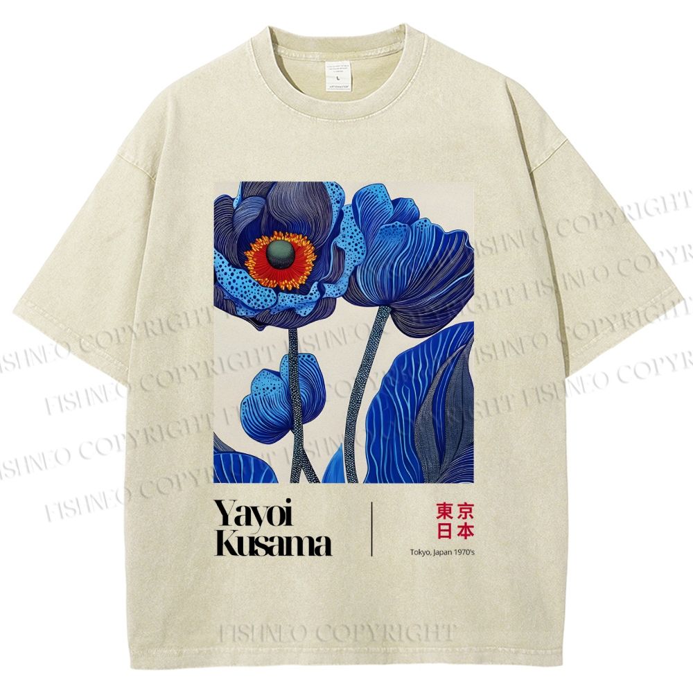 Unisex Yayoi Kusama Blue Flower Printed Washed Tee