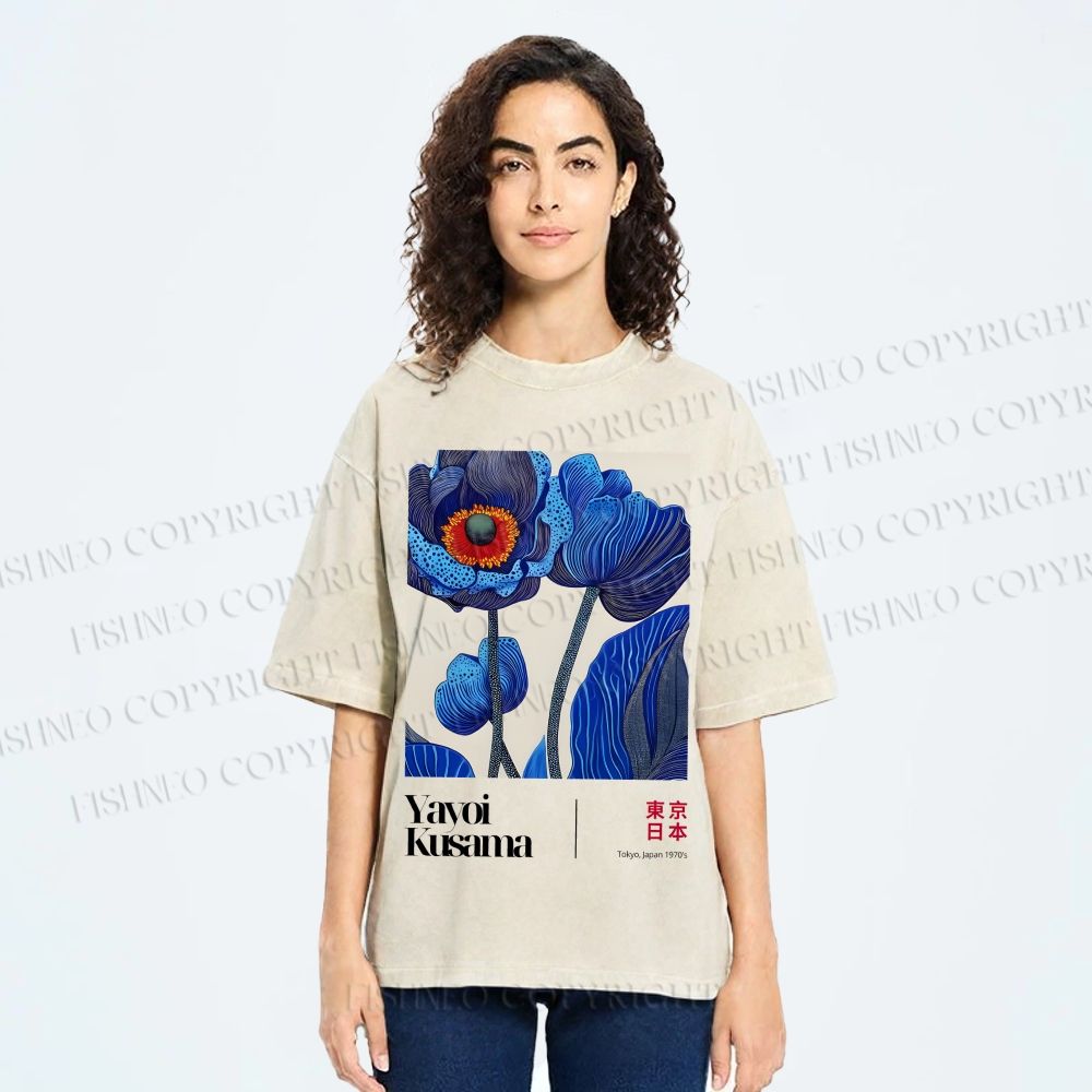 Unisex Yayoi Kusama Blue Flower Printed Washed Tee