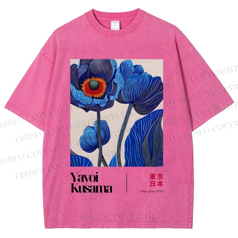 Unisex Yayoi Kusama Blue Flower Printed Washed Tee