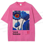 Unisex Yayoi Kusama Blue Flower Printed Washed Tee