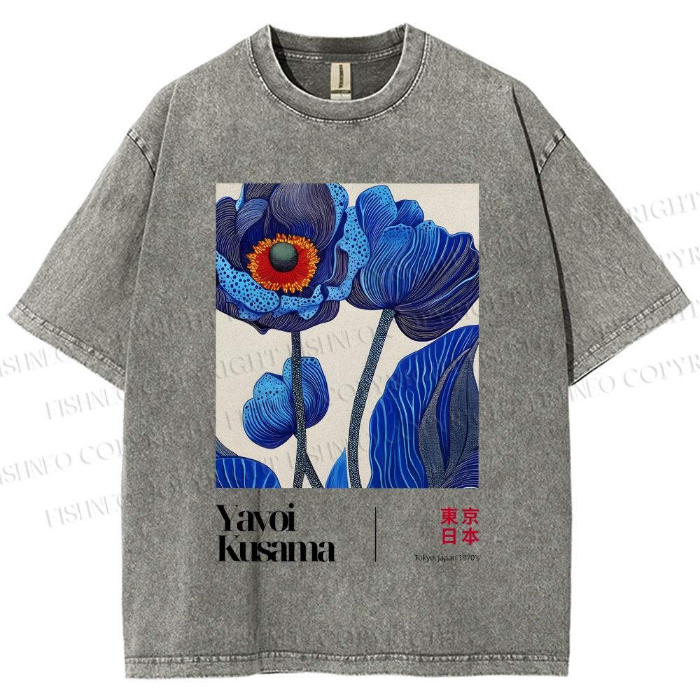 Unisex Yayoi Kusama Blue Flower Printed Washed Tee