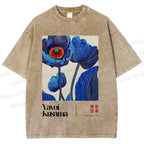 Unisex Yayoi Kusama Blue Flower Printed Washed Tee