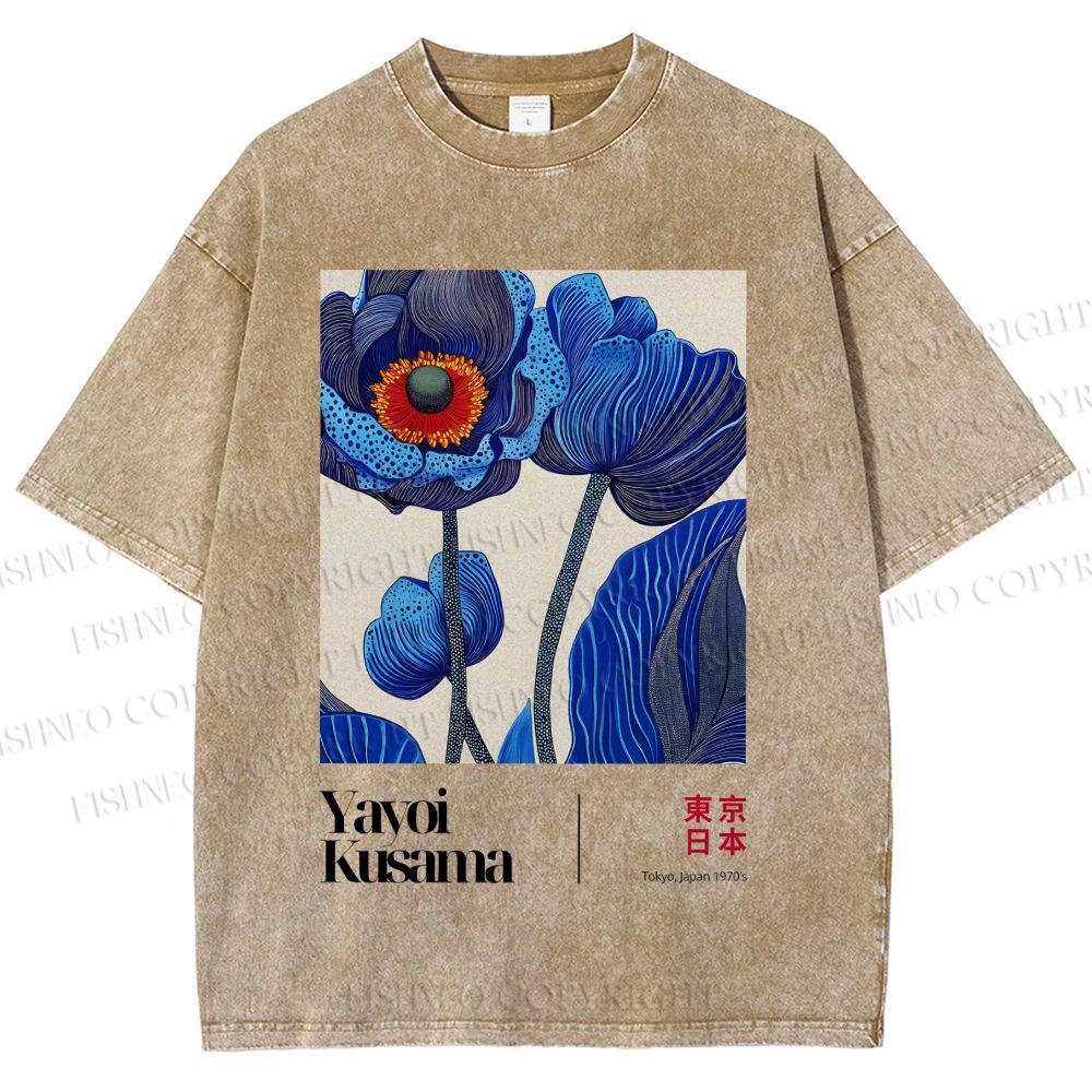 Unisex Yayoi Kusama Blue Flower Printed Washed Tee