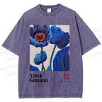 Unisex Yayoi Kusama Blue Flower Printed Washed Tee