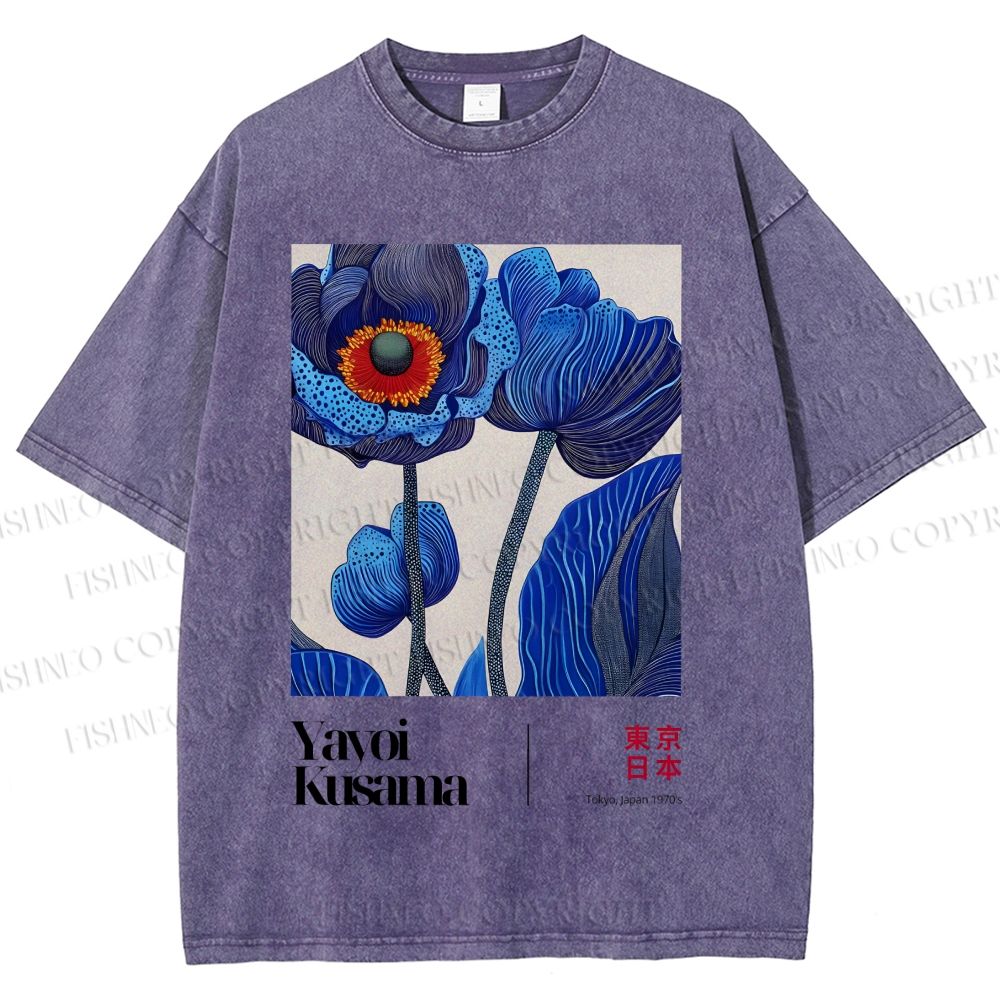 Unisex Yayoi Kusama Blue Flower Printed Washed Tee