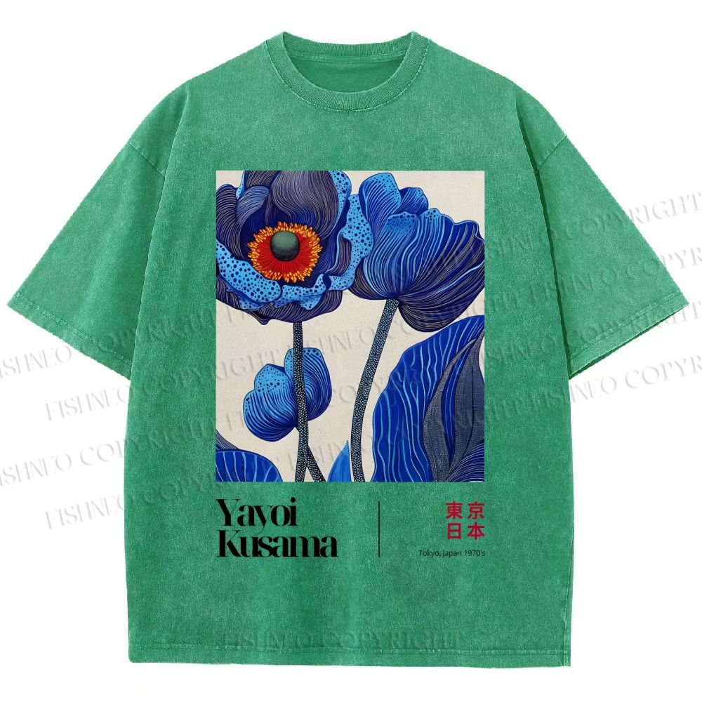 Unisex Yayoi Kusama Blue Flower Printed Washed Tee