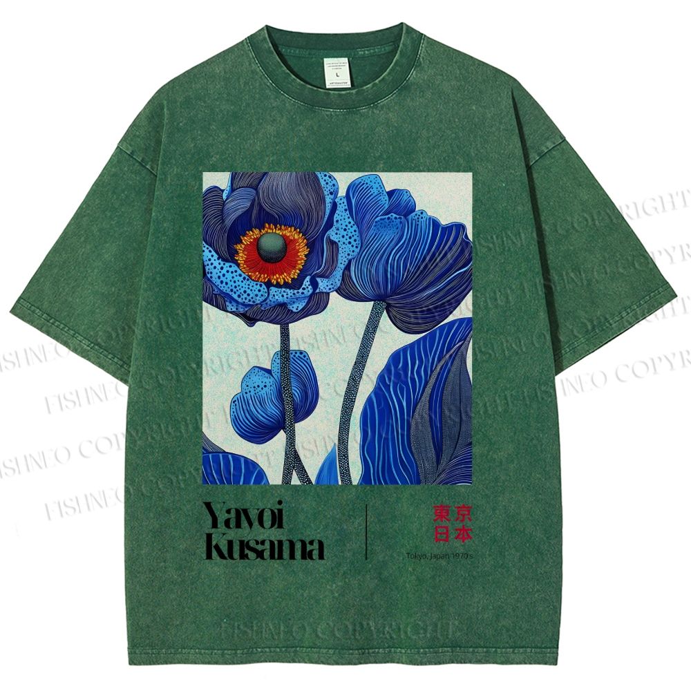 Unisex Yayoi Kusama Blue Flower Printed Washed Tee