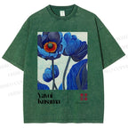 Unisex Yayoi Kusama Blue Flower Printed Washed Tee