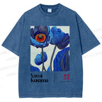 Unisex Yayoi Kusama Blue Flower Printed Washed Tee