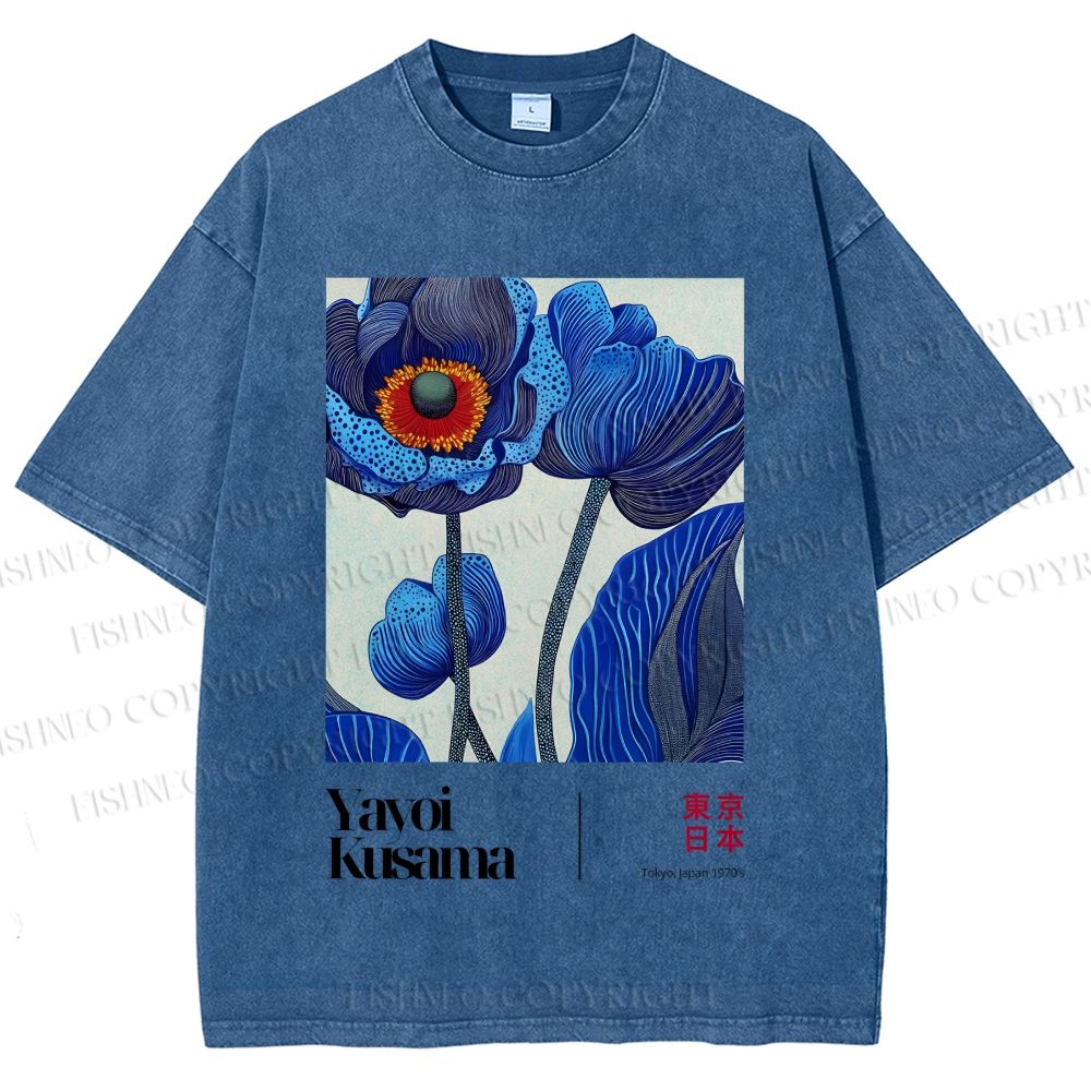 Unisex Yayoi Kusama Blue Flower Printed Washed Tee