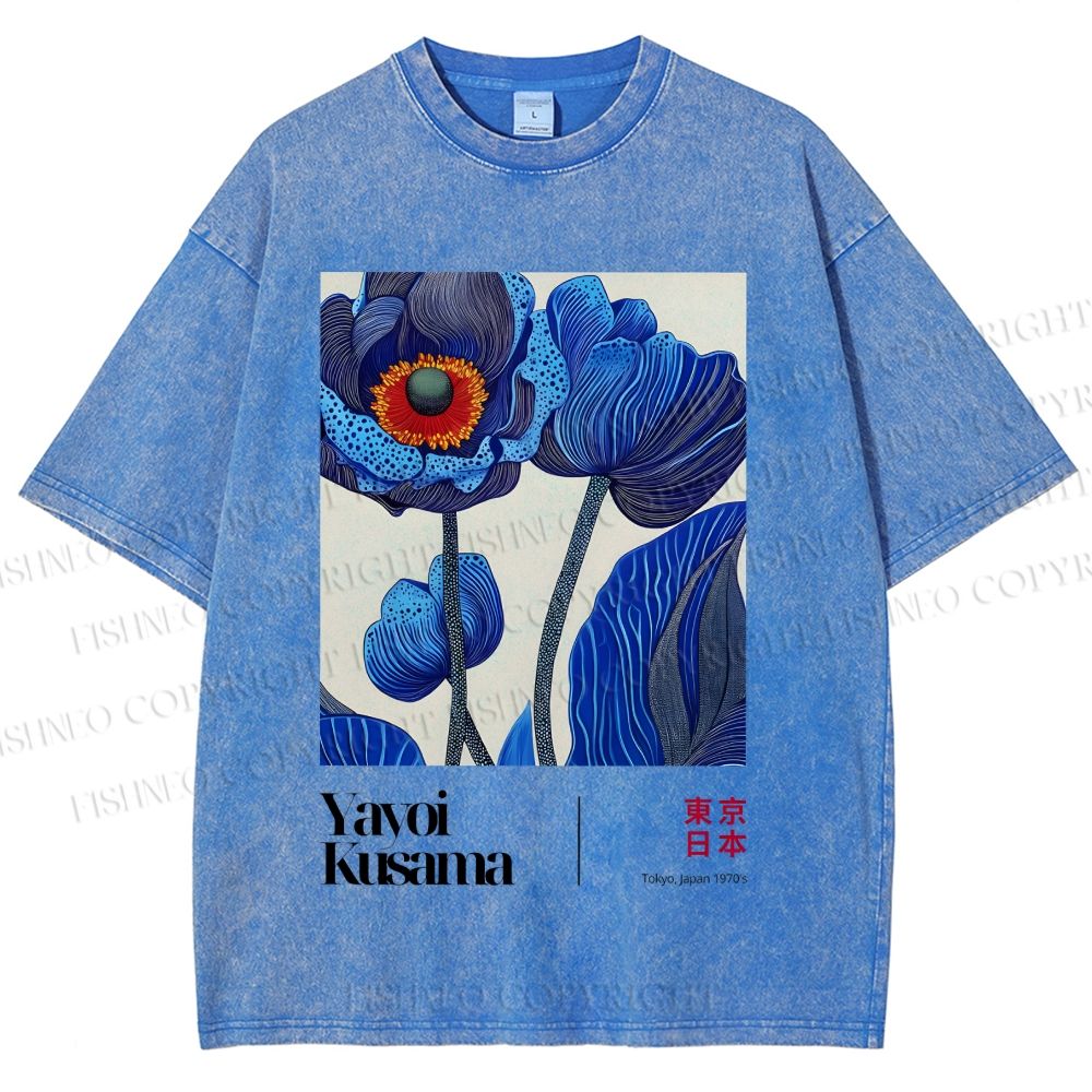 Unisex Yayoi Kusama Blue Flower Printed Washed Tee