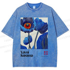Unisex Yayoi Kusama Blue Flower Printed Washed Tee