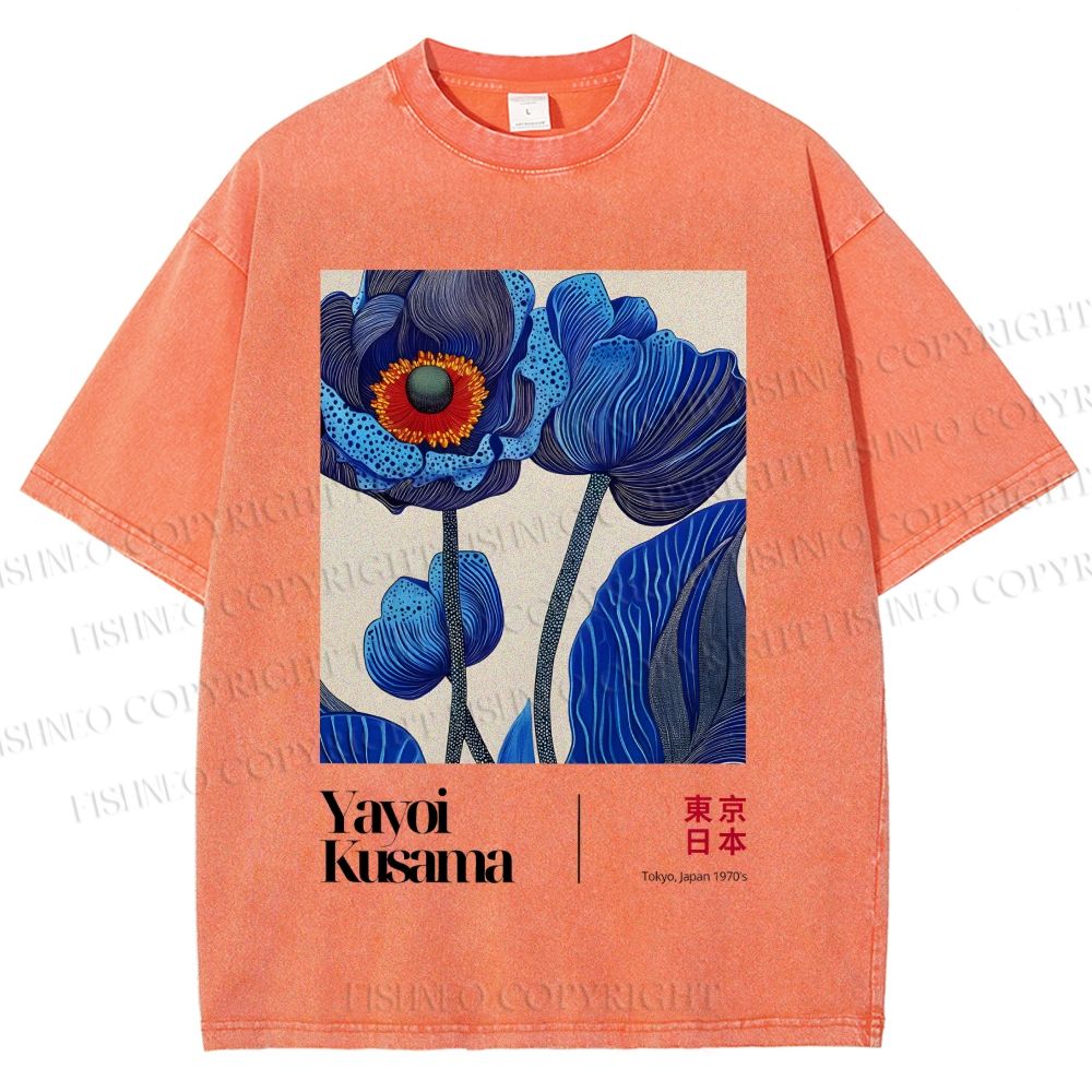 Unisex Yayoi Kusama Blue Flower Printed Washed Tee