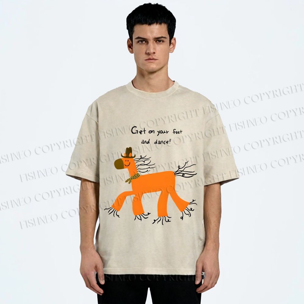 Unisex Get on Feet And Dance Horse Printed Washed Tee