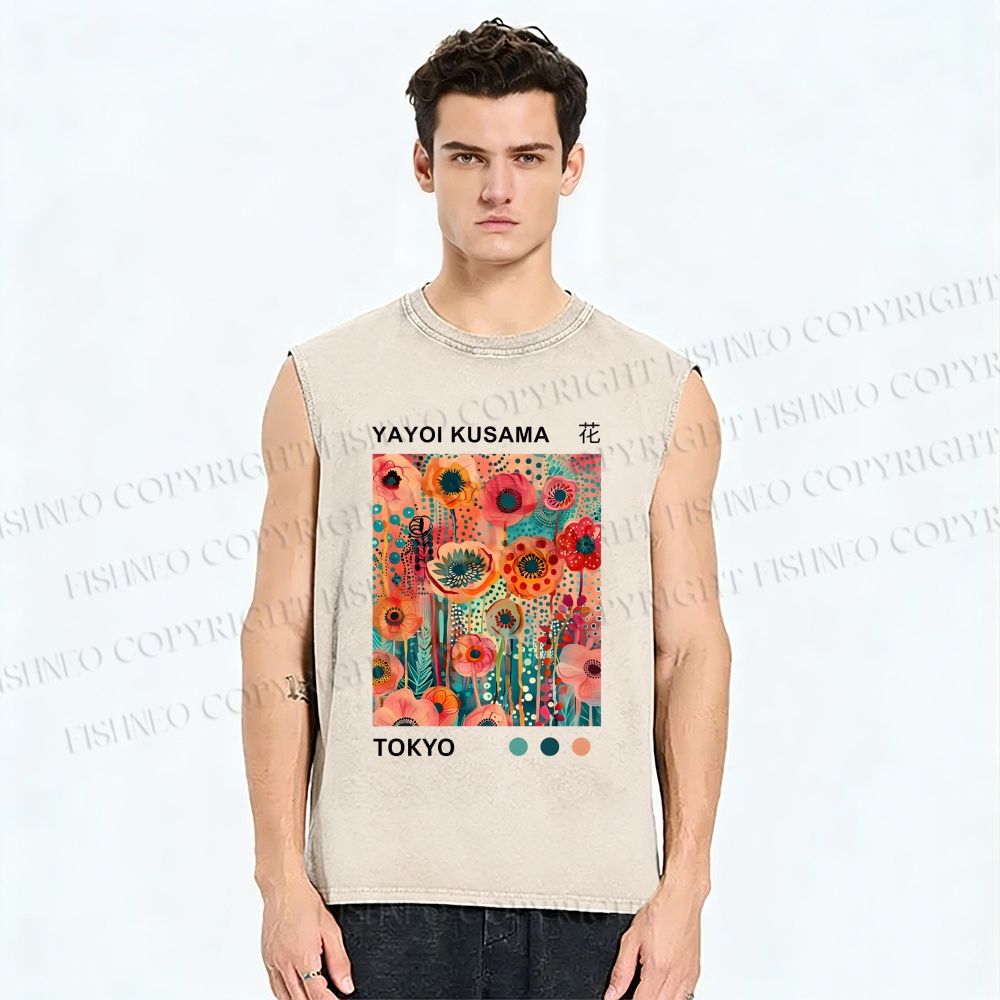 Unisex Yayoi Kusama Flower Printed Washed Tank Top