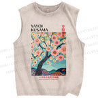 Unisex Yayoi Kusama Cherry Blossom Tree Printed Washed Tank Top