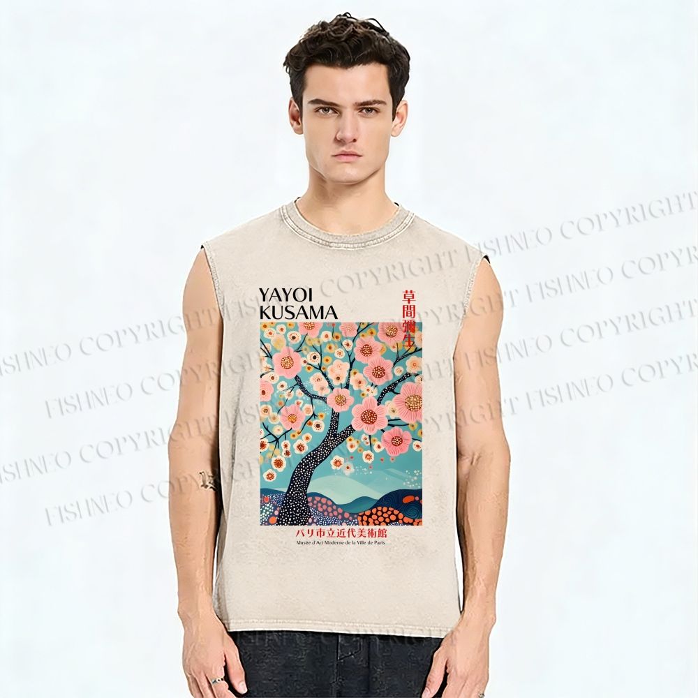 Unisex Yayoi Kusama Cherry Blossom Tree Printed Washed Tank Top