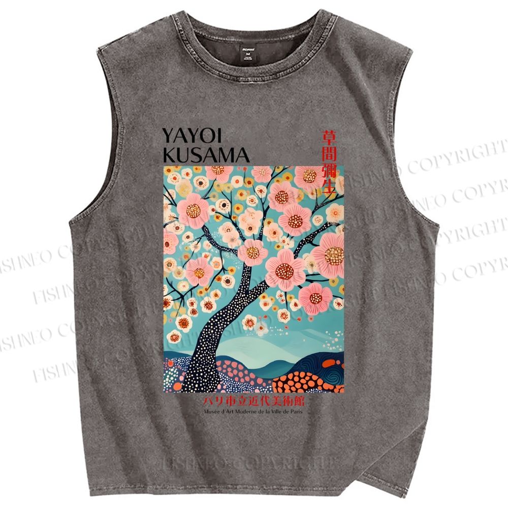 Unisex Yayoi Kusama Cherry Blossom Tree Printed Washed Tank Top