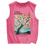 Unisex Yayoi Kusama Cherry Blossom Tree Printed Washed Tank Top