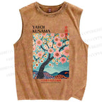 Unisex Yayoi Kusama Cherry Blossom Tree Printed Washed Tank Top
