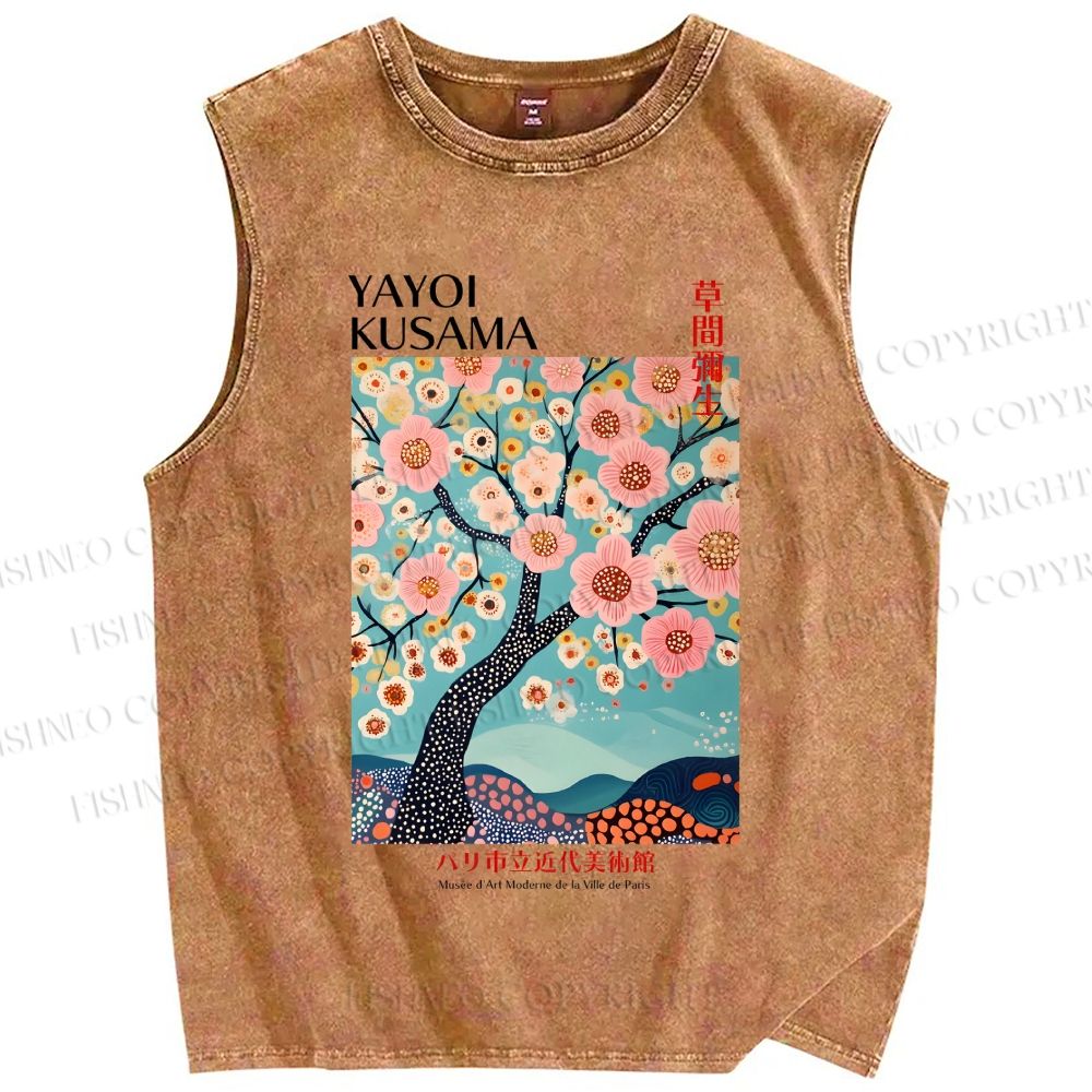 Unisex Yayoi Kusama Cherry Blossom Tree Printed Washed Tank Top