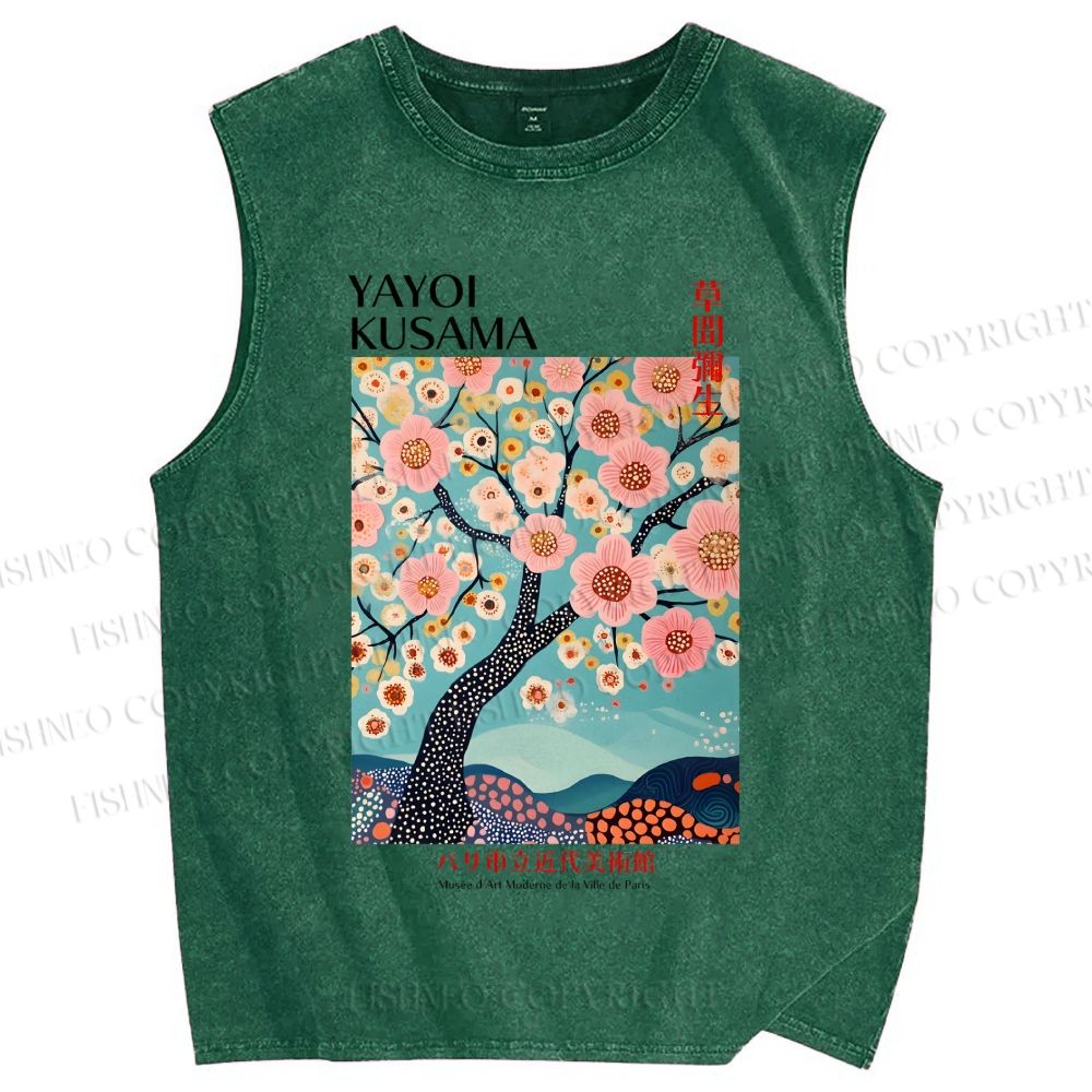 Unisex Yayoi Kusama Cherry Blossom Tree Printed Washed Tank Top