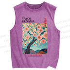 Unisex Yayoi Kusama Cherry Blossom Tree Printed Washed Tank Top
