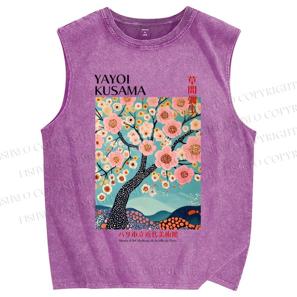 Unisex Yayoi Kusama Cherry Blossom Tree Printed Washed Tank Top