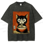 Unisex Ramen Loving Black Cat Printed Washed Tee