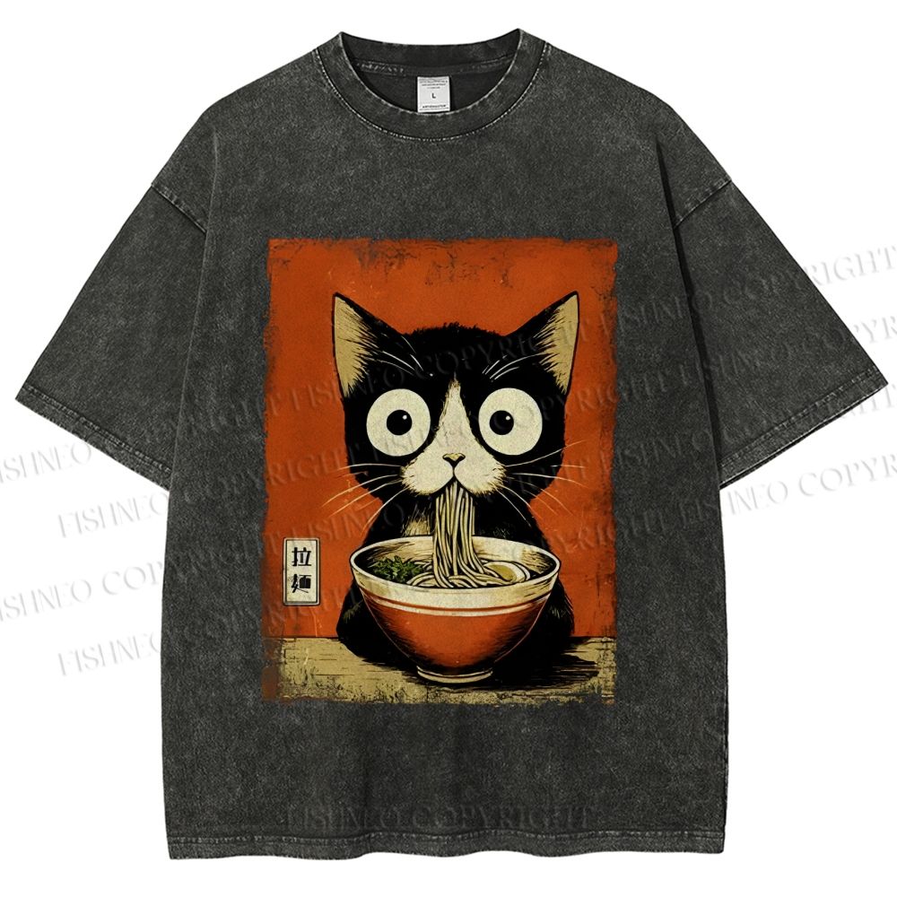 Unisex Ramen Loving Black Cat Printed Washed Tee