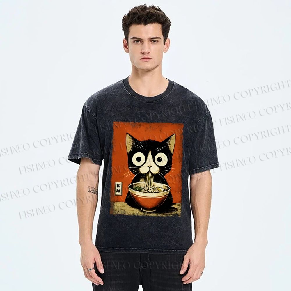 Unisex Ramen Loving Black Cat Printed Washed Tee