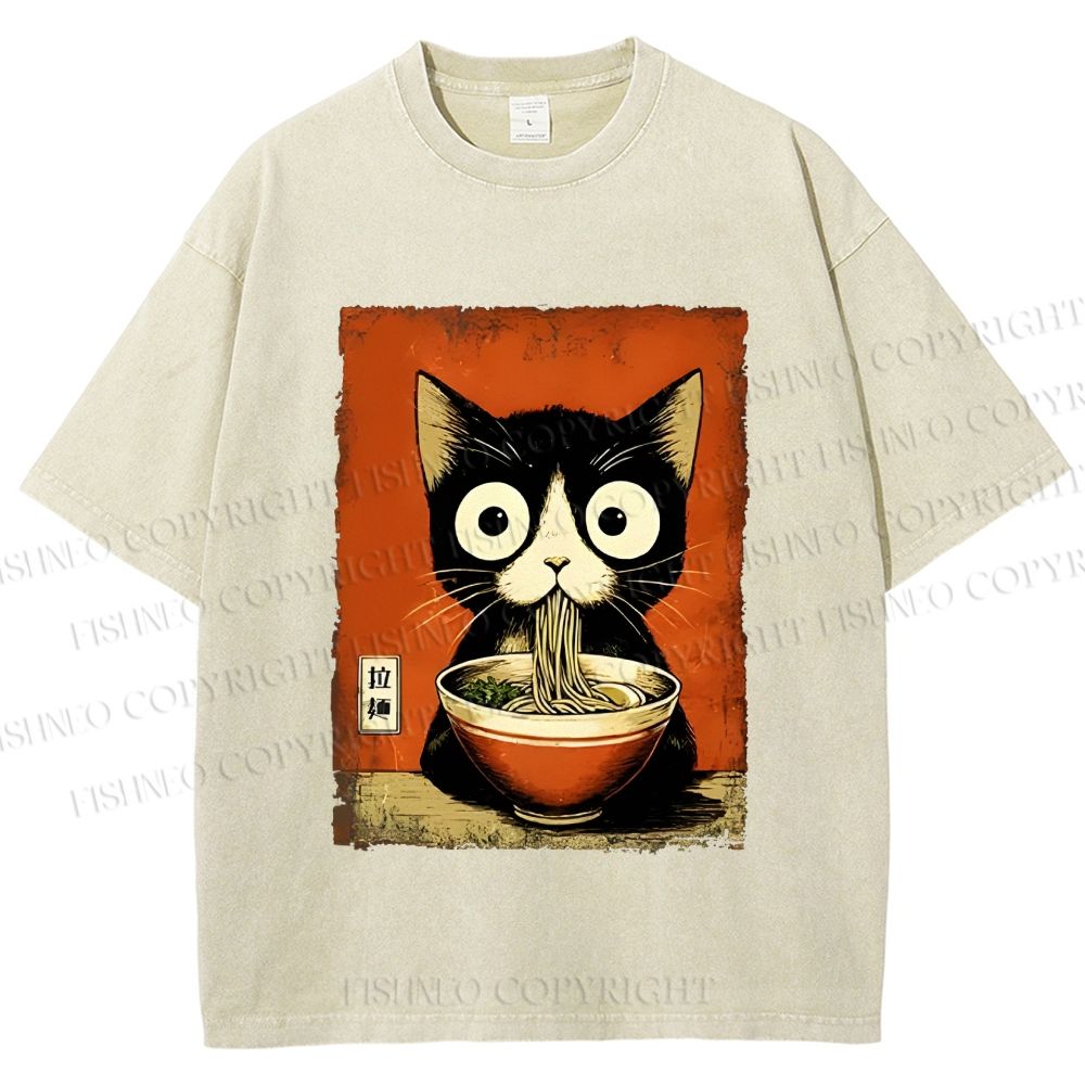 Unisex Ramen Loving Black Cat Printed Washed Tee